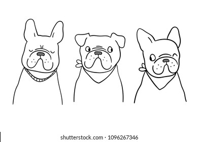 Vector illustration character design outline of french bulldog Isolated on white.Doodle style.