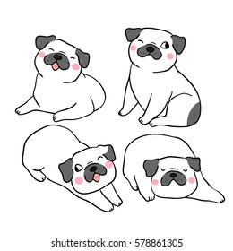 Vector illustration Character design outline of cute pugs.Doodle style.
