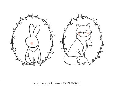 Vector illustration character design outline of  rabbit and fox in floral frame for autumn season.Draw doodle style.