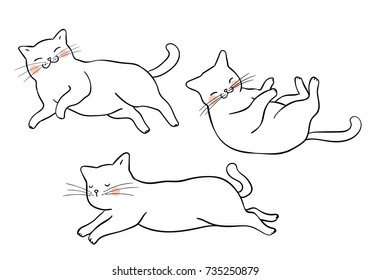 Vector illustration character design outline of adorable cat lying different pose.Draw doodle style.