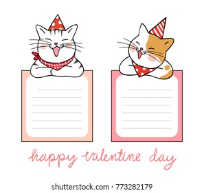 Vector illustration character design paper note of cute cat for Valentine day.Doodle cartoon style.