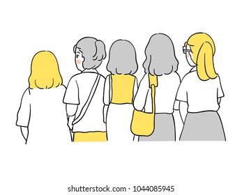 Vector illustration character design portrait people woman different pose,minimal sketch.Isolated on white.Draw doodle cartoon style.