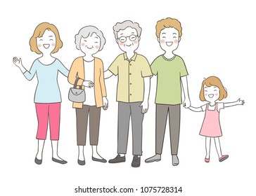 Vector illustration character design portrait happy big family elderly senior,mom,dad and girl.Isolated on white color.Draw doodle cartoon style.