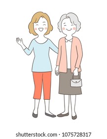 Vector illustration character design portrait mom hug grandmother with love so happy and funny.Isolated on white color.Draw doodle cartoon style.