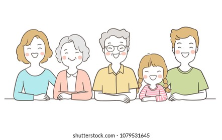 Vector illustration character design portrait happy big family elderly senior,mom,dad and girl.Isolated on white color.Draw doodle cartoon style.