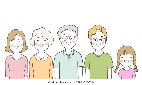 Vektorgrafik Charakter Design Portrait glückliche große Familie Senior, Mutter, Papa und Mädchen.Einzeln auf weiß Farbe.Zeichnen Sie doodle Cartoon Stil.