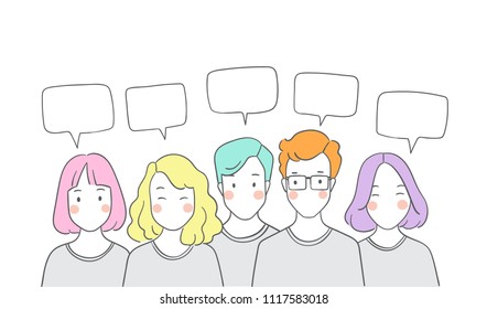 Vector illustration character design portrait young man and woman with blank speech bubble.Isolated on white color.Draw doodle cartoon style.