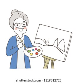 Vector illustration character design portrait elderly senior grandmother painting picture.Isolated on white color.Draw doodle cartoon style.
