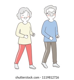 Vector illustration character design portrait elderly senior grandmother and grandfather walking for good health.Isolated on white.Draw doodle cartoon style.