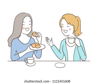 Vector illustration character design portrait cute woman talking in tea time so funny.Isolated on white.Draw doodle cartoon style.