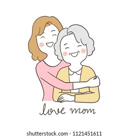 Vector Illustration Character Design Portrait Mom Hug Grandmother With Love For Mother'day.Isolated On White.Draw Doodle Cartoon Style.