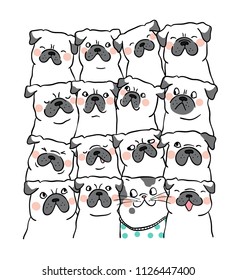 Vector illustration character design portrait cute pug dog.Doodle cartoon style.