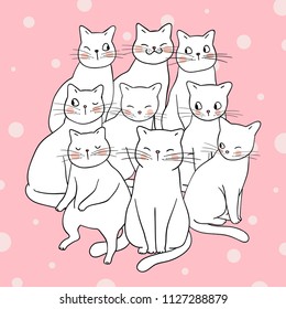 Vector illustration character design portrait white cat.Isolated on pink with little polka dot.Doodle style.
