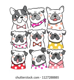 Vector illustration character design portrait cute pug and french bulldog.Isolated on white.Doodle style.