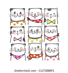 Vector illustration character design portrait cute cat.Isolated on white.Doodle style.
