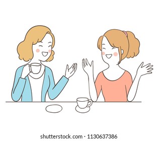 Vector illustration character design portrait cute woman talking in tea time so funny.Isolated on white.Draw doodle cartoon style.