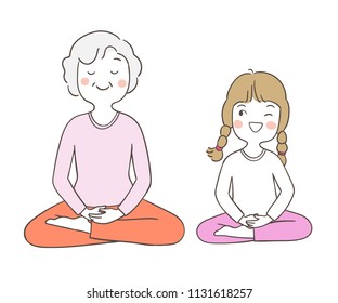 Vector illustration character design portrait elderly senior grandmother and a girl in meditation time.Isolated on white.Draw doodle cartoon style.