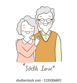 Vector illustration character design portrait elderly senior grandfather hug grandmother with love.Isolated on white color.Draw doodle cartoon style.