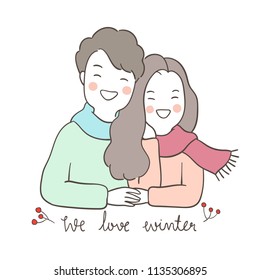 Vector illustration character design portrait young couple man and woman hug with love and word I love winter.Isolated on white .Draw doodle cartoon style.