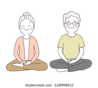 Vector illustration character design portrait elderly senior grandmother and grandfather in meditation time.Isolated on white.Draw doodle cartoon style.