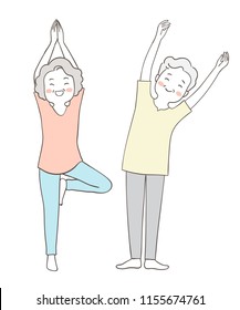Vector illustration character design portrait elderly senior grandmother and grandfather playing yoga for good health.Isolated on white.Draw doodle cartoon style.