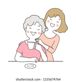 Vector illustration character design portrait mother hug grandmother with love.Isolated on white color.Draw doodle cartoon style.