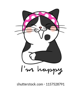 Vector illustration character design portrait black cat and word I'm happy.Isolated on white.Doodle cartoon style.