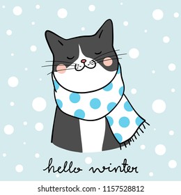 Vector illustration character design portrait black cat in winter season.Doodle cartoon style.