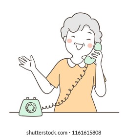 Vector illustration character design portrait elderly senior grandmother talking a phone with her friend so funny.Isolated on white color.Draw doodle cartoon style.