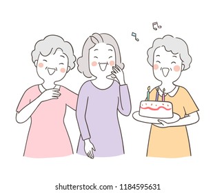 Vector illustration character design portrait elderly senior grandmother celebrate birthday with a cake so funny.Draw doodle cartoon style.