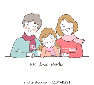 Vector illustration character design portrait mother father and girl hug with love in winter.Isolated on white color.Draw doodle cartoon style.
