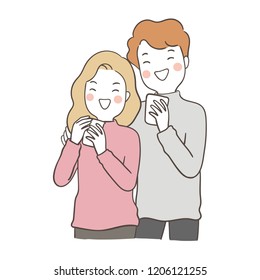 Vector illustration character design portrait young couple man and woman hug and holding cup of tea.Isolated on white .Draw doodle cartoon style.