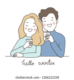 Vector illustration character design portrait young couple man and woman hug and holding cup of tea with word hello winter.Isolated on white .Draw doodle cartoon style.