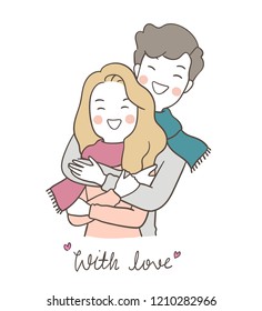 Vector illustration character design portrait young couple man and woman hug with love for winter.Isolated on white.Draw doodle cartoon style.