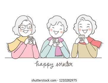 Vector illustration character design portrait elderly senior grandmother holding cup of tea and word happy winter.Isolated on white color.Draw doodle cartoon style.