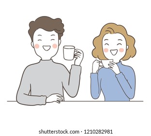 Vector illustration character design portrait young couple man and woman holding cup of tea with word hello winter.Isolated on white.Draw doodle cartoon style.