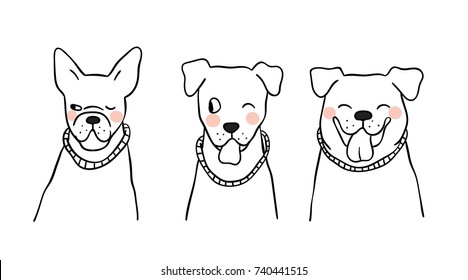 Vector illustration character design portrait outline of dog different pose.Draw doodle style.