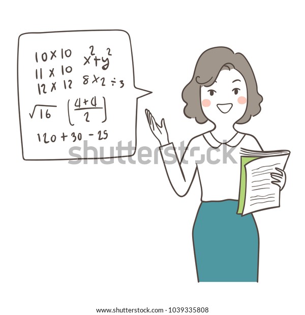 Vector illustration character design
portrait of happy teacher holding book and teaching math in
class.Decorate for school.Draw doodle cartoon
style.