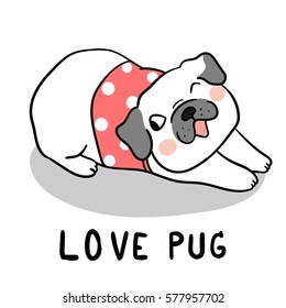 Vector illustration Character design of pug with cute vest polka dot.Doodle style.