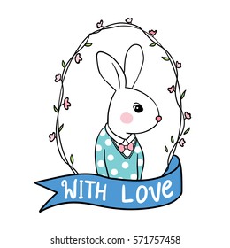 Vector illustration character design of rabbit with vintage floral frame and blue ribbon.