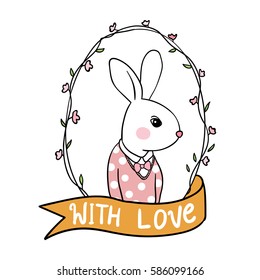 Vector illustration character design of rabbit with vintage  floral frame with yellow ribbon.Doodle style.