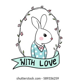 Vector illustration character design of rabbit with vintage floral frame.Draw doodle style
