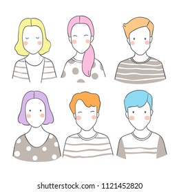 Vector illustration character design set portrait man and woman.Isolated on white color.Draw doodle cartoon style.