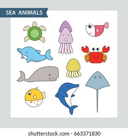 Vector illustration character design set of sea animals Cartoon style.
