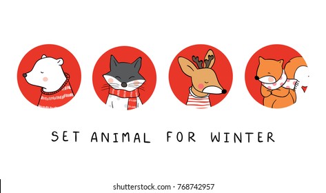 Vector illustration character design set animal for winter bear,wolf,deer,squirrel.Doodle cartoon style.