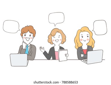 Vector illustration character design set happy business team woman man meeting with speech bubble for the text.Draw doodle cartoon style.