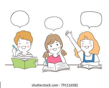 El diseño de los personajes de ilustración vectorial pone a los estudiantes felices leyendo y escribiendo con burbujas de voz para la escuela. Dibuja el estilo de caricatura del doodle.