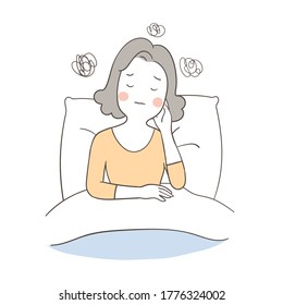 La mujer insomnio es un personaje de diseño de ilustraciones vectoriales. No puedo dormir toda la noche. Estilo de dibujos animados Doodle.