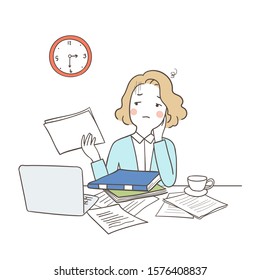 Vector illustration character design stressed young business woman work overload and many paper on her desk.Draw doodle cartoon style.