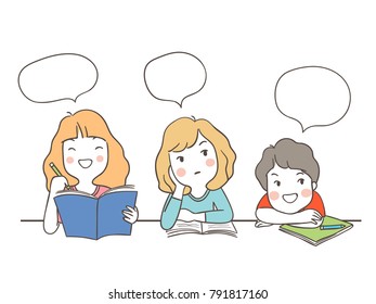 Dibujo de los estudiantes de diseño de personajes que hablan y burbuja de habla para la escuela. Dibuja el estilo de caricatura del doodle.